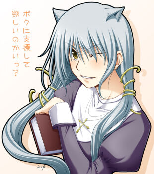 Rule 34 | 1boy, 2000s (style), animal ears, blue hair, blush, book, cat boy, cat ears, commentary request, cosplay, crossdressing, crossdressing (ftm), dress, fruits basket, grin, holding, holding book, juliet sleeves, kakitsubata (ashi ga chi ni tsukanai), long hair, long sleeves, looking at viewer, male focus, one eye closed, priest (ragnarok online), priest (ragnarok online) (cosplay), puffy sleeves, purple dress, ragnarok online, smile, sohma ayame, solo, translation request, trap, upper body, yellow eyes