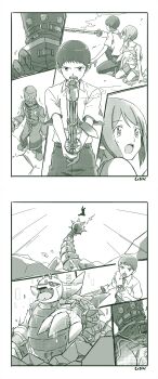 absurdres ankylomon belt digimon digimon_(creature) evolution fangs hida_iori highres mummymon spikes sword tail tailmon weapon wooden_sword yagami_hikari