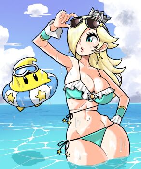 1girl absurdres bikini blonde_hair blue_eyes breasts bridal_gauntlets cleavage cloud crown earrings frilled_bikini frills goggles goggles_on_head hair_over_one_eye hand_on_own_hip highres innertube jewelry large_breasts long_hair luma_(mario) mario_(series) n_k_m nintendo ocean outdoors partially_submerged pink_lips pursed_lips rosalina side-tie_bikini_bottom solo sunglasses_on_head swim_goggles swim_ring swimsuit thick_thighs thighs water water_drop wet wide_hips