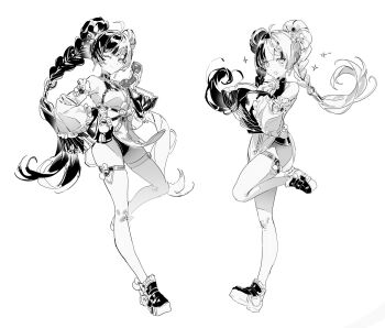 1girl ahoge bare_shoulders black_hair black_shoes blush braid braided_twintails china_dress chinese_clothes closed_mouth commentary corded_phone detached_sleeves dialyn_(zenless_zone_zero) double_bun dress earrings english_commentary f4d1a6 from_side full_body greyscale hair_bun hair_extensions hair_intakes hair_ornament hairclip highres interlocked_fingers jewelry long_hair monochrome multicolored_hair multiple_views necktie one_eye_closed open_mouth own_hands_together pelvic_curtain phone ring_hair_extensions shoes simple_background sparkle split-color_hair standing standing_on_one_leg thighhighs white_background white_dress white_hair white_thighhighs wire zenless_zone_zero