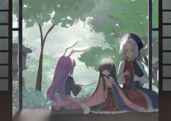 3girls absurdres adapted_costume aged_down animal_ears bamboo_print black_hair black_jacket black_socks bow bowtie breasts brushing_another&#039;s_hair brushing_hair child closed_eyes closed_mouth collared_shirt comb commentary constellation_print cross floral_print frilled_shirt_collar frilled_skirt frills grey_hair hair_ornament hair_stick hat highres holding holding_comb houraisan_kaguya jacket kneehighs long_hair long_sleeves multiple_girls no_noru nurse_cap pink_shirt pink_skirt pleated_skirt print_shirt purple_hair rabbit_ears rabbit_girl rabbit_tail red_cross red_eyes reisen_udongein_inaba shirt sitting skirt smile socks stone_lantern tail touhou tree very_long_hair wide_sleeves yagokoro_eirin yellow_bow yellow_bowtie