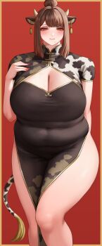 1girl absurdres animal_ears black_dress blush breasts brown_eyes brown_hair chinese_clothes cleavage cow_ears cow_girl cow_horns cow_tail dress eyeshadow fat fat_woman female_focus gold_border half-closed_eyes highres horns large_breasts looking_at_viewer makeup matching_hair/eyes mil_k_vanilla mole mole_under_mouth navel original plump red_background smile solo standing tail thick_thighs thighs veins veiny_breasts wide_hips