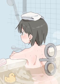 1girl armpits ass bath bathtub black_eyes black_hair blush breasts closed_mouth commentary completely_nude from_behind highres indoors medium_breasts nichijou nude rubber_duck shinonome_nano short_hair sideboob soap solo tile_wall tiles towel towel_on_head water wichimi winding_key
