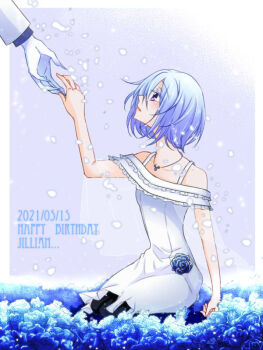 1boy 1girl akashi_(pixiv_user_1342337) blue_flower blue_hair blue_rose caesar_(higyaku_no_noel) dress flower formal_clothes higyaku_no_noel holding_hands jewelry jillian_littner necklace off-shoulder_dress off_shoulder purple_eyes rose short_hair suit white_suit