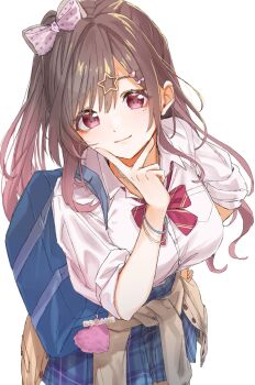 1girl bag bag_charm blue_skirt bow bowtie bracelet breast_pocket breasts brown_cardigan brown_hair cardigan cardigan_around_waist character_name charm_(object) closed_mouth clothes_around_waist commentary_request cowboy_shot diagonal-striped_bow diagonal-striped_bowtie diagonal-striped_clothes gyaru hair_bow hair_ornament hand_up heart heart-shaped_charm heart_hair_ornament highres idolmaster idolmaster_shiny_colors jewelry large_breasts light_smile long_hair looking_at_viewer miniskirt one_side_up parted_bangs pekoni_(peconi) pink_bow plaid_clothes plaid_skirt pocket polka_dot polka_dot_bow red_bow red_bowtie red_eyes school_bag school_uniform shirt shoulder_bag simple_background skirt sleeves_rolled_up solo standing star_(symbol) star_hair_ornament striped_bow striped_bowtie striped_clothes tsukioka_kogane v v_over_mouth white_background white_shirt