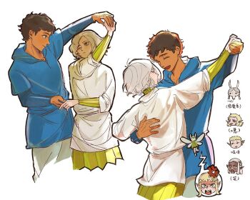 3boys 4girls anger_vein bags_under_eyes black_eyes black_hair blue_eyes chibi chibi_inset cithis curly_hair dancing dark-skinned_male dark_skin dungeon_meshi elf fairy_(dungeon_meshi) fleki grey_hair holding_hands kabru long_sleeves lycion mithrun multiple_boys multiple_girls ocho61814315 open_mouth otta_(dungeon_meshi) pattadol pointy_ears shirt short_hair simple_background smile speech_bubble white_background yaoi