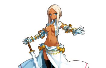 1girl bindi black_thighhighs blue_eyes braid breasts cleavage cowboy_shot dark-skinned_female dark_skin eiyuu_senki female_focus gauntlets holding holding_sword holding_weapon long_hair looking_at_viewer midriff navel no_bra ooyari_ashito sir_palamedes_(eiyuu_senki) solo sword thighhighs transparent_background weapon white_hair