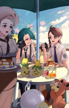 00kashian00 3girls absurdres apron ascot black_gloves black_necktie blush_stickers braid brown_eyes brown_footwear brown_hair brown_skirt buttons cloud collared_shirt commentary_request day feeding food fork gen_2_pokemon gloves green_hair grin hat highres holding holding_fork holding_plate hoppip jar juliana_(pokemon) katy_(pokemon) mole multiple_girls necktie nintendo open_mouth outdoors pancake plate pokemon pokemon_(creature) pokemon_sv purple_necktie red_eyes rika_(pokemon) shirt shoes short_sleeves skirt sky smile smoliv socks spoon suspenders table tarountula teddiursa teeth waist_apron