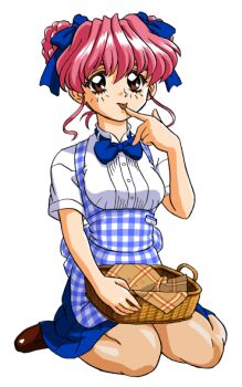 Rule 34 | 1girl, apron, bandabekken, basket, blue apron, blue bow, blue bowtie, blue skirt, bow, bowtie, brown eyes, brown shoes, double bun, full body, gingham apron, gingham clothes, graduation (series), hair bow, hair bun, kobeya uniform, napkin, object on lap, picnic basket, pink hair, shirt, shoes, short hair, simple background, sitting, skirt, solo, sotsugyou ii: neo generation, tani yurika, waitress, wariza, white background, white shirt
