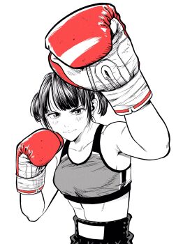 Rule 34 | 1girl, armpit crease, boxing, boxing gloves, boxing shorts, breasts, commentary request, gloves, greyscale, high-waist shorts, highres, lee (dragon garou), light blush, medium breasts, midriff, monochrome, original, red gloves, short twintails, shorts, solo, sports bra, spot color, twintails, upper body