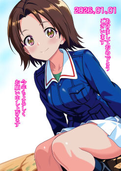 1girl absurdres akeome black_boots black_socks blue_jacket blue_sky boots brown_eyes brown_hair closed_mouth cloud cloudy_sky commentary dated day girls_und_panzer happy_new_year highres jacket kneehighs kotoyoro long_sleeves looking_at_viewer military_uniform miniskirt new_year ooarai_military_uniform outdoors parted_bangs pele@mix pleated_skirt sawa_azusa short_hair sitting skirt sky smile socks solo translated undershirt white_skirt