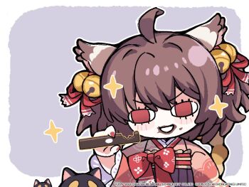 Rule 34 | <o> <o>, 1girl, ahoge, animal ears, bell, blush stickers, brown hair, cat ears, chibi, chocolate, commentary, company name, copyright notice, english commentary, food, food on face, grin, hair bell, hair ornament, hair ribbon, holding, holding chocolate, holding food, ichihime, japanese clothes, jingle bell, kimono, kitkat, long sleeves, mahjong, mahjong soul, obi, official art, open mouth, red eyes, red kimono, red nails, ribbon, sash, smile, solo, sparkle, tenbou