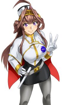 1girl ahoge akito_(sub707) belt black_pantyhose black_skirt brown_hair capelet commentary_request cosplay double_bun gloves gold_hairband grey_belt hair_bun hairband headgear highres kantai_collection kidou_senkan_nadesico kongou_(kancolle) misumaru_yurika misumaru_yurika_(cosplay) pantyhose pencil_skirt purple_eyes shirt simple_background skirt solo standing v white_background white_capelet white_gloves white_shirt