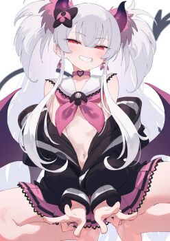1girl barefoot black_jacket blush bombergirl bow breasts choker demon_girl demon_horns demon_tail demon_wings earrings grim_aloe grin hair_between_eyes hair_bow hair_ornament heart highres horns jacket jewelry kakoto loli long_hair long_sleeves looking_at_viewer navel navel_piercing neckerchief off_shoulder open_clothes piercing pink_neckerchief pink_skirt pleated_skirt red_eyes sailor_collar simple_background skirt smile solo spread_legs squatting tail twintails v very_long_hair white_background white_hair white_sailor_collar wings
