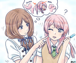 Rule 34 | 2girls, ?, alternate hairstyle, athyra, bang dream!, bang dream! it&#039;s mygo!!!!!, blue ribbon, blush, brown hair, brown sweater vest, cheek poking, chihaya anon, closed mouth, collared shirt, commentary, dated, diagonal-striped clothes, diagonal-striped necktie, fang, food, green necktie, grey eyes, hair ribbon, haneoka school uniform, holding, holding food, holding popsicle, long hair, looking at another, multiple girls, nagasaki soyo, neck ribbon, necktie, one eye closed, open mouth, pink hair, poking, popsicle, puffy short sleeves, puffy sleeves, ribbon, sailor collar, school uniform, serafuku, shirt, short sleeves, simple background, striped clothes, sweater vest, symbol-only commentary, tsukinomori school uniform, upper body, white background, white sailor collar, white shirt