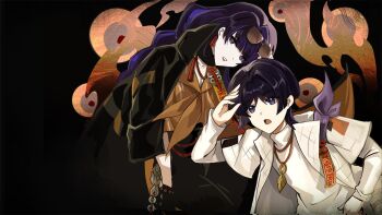 1boy 1girl alternate_costume alternate_universe arm_up black_background black_hair black_pants blunt_bangs braid breasts brown_shirt chinese_commentary cleavage collarbone eyeball feather_necklace genshin_impact hair_between_eyes highres jacket jewelry large_breasts layered_clothes leaning_forward leaning_to_the_side leather leather_jacket long_braid long_hair long_sleeves looking_at_viewer looking_to_the_side mole mole_under_eye momogourami mother_and_son multicolored_hair necklace open_clothes open_jacket open_mouth pants parted_lips purple_eyes purple_hair raiden_shogun red_lips scaramouche_(genshin_impact) scarf shirt short_hair short_sleeves single_braid white_jacket white_shirt