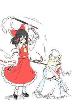 2girls afterimage ascot black_eyes black_hair bow charisma_guard commentary detached_sleeves frilled_bow frilled_hair_tubes frills gohei hair_bow hair_tubes hakurei_reimu hat hat_ribbon highres hitting holding holding_gohei kametoyou long_hair multiple_girls ofuda red_bow red_skirt remilia_scarlet ribbon ribbon-trimmed_sleeves ribbon_trim shirt simple_background skirt skirt_set socks touhou white_background white_hat white_shirt white_skirt white_socks wings yellow_ascot