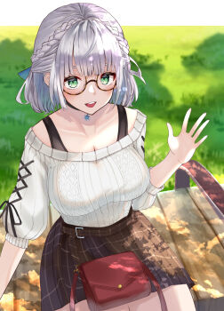 Rule 34 | 1girl, :d, absurdres, alternate costume, arm up, bench, black ribbon, black skirt, blue bow, bow, braid, breasts, cable knit, cleavage, glasses, grass, green eyes, hair bow, highres, hololive, jewelry, large breasts, looking at viewer, necklace, off-shoulder sweater, off shoulder, open mouth, outstretched hand, plaid clothes, plaid skirt, pocketbook, ribbed sweater, ribbon, semi-rimless eyewear, shirogane noel, shirogane noel (casual), shiroserika, short hair, silver hair, sitting, skirt, smile, solo, strap, sweater, teeth, tongue, under-rim eyewear, upper teeth only, virtual youtuber, white sweater