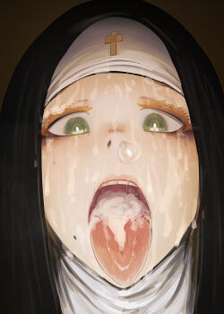 1girl after_fellatio blonde_hair colored_eyelashes cross cum cum_bubble cum_in_mouth cum_in_nose cum_on_body facial female_focus green_eyes highres looking_at_viewer makeup mmmmmkun nostrils nun open_mouth oral_invitation original pubic_hair runny_makeup saliva simple_background solo stray_pubic_hair teeth tongue tongue_out veil