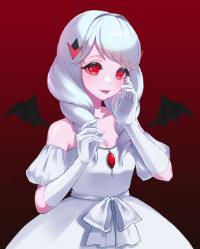 1girl absurdres alternate_color alternate_costume alternate_eye_color alternate_hair_color bat_wings commentary_request dark_persona dress elbow_gloves fake_wings fangs fire_emblem fire_emblem:_three_houses flayn_(fire_emblem) gloves halloween halloween_costume highres long_hair looking_at_viewer miran_(olivine_20) nintendo open_mouth red_background simple_background smile solo white_dress white_gloves white_hair wings
