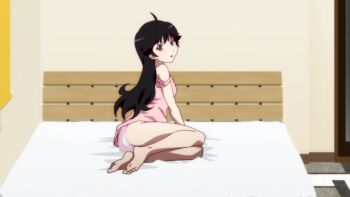 1girl ahoge araragi_karen bare_legs bare_shoulders barefoot bed bed_sheet black_eyes black_hair blush breasts camisole dot_nose feet female_focus from_side indoors legs long_hair looking_at_viewer looking_back monogatari_(series) no_bra open_mouth panties pink_camisole sexually_suggestive sitting sleeveless small_breasts solo solo_focus strap_slip thighs toes underwear white_panties