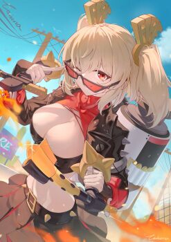 Rule 34 | 1girl, absurdres, belt, black belt, black jacket, black shirt, black skirt, black tube top, blonde hair, blue sky, breasts, burnice white, caisena, chinese commentary, cleavage, collar, commentary request, cowboy shot, day, dual wielding, dutch angle, flamethrower, hair ornament, highres, holding, holding flamethrower, holding weapon, jacket, large breasts, looking at viewer, one eye closed, open clothes, open jacket, orange-tinted eyewear, orange eyes, outdoors, red collar, shirt, short hair, signature, skirt, sky, smile, solo, stomach, strapless, sunglasses, tinted eyewear, tube top, zenless zone zero