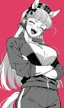 1girl absurdres animal_ears blunt_bangs blush bow breasts closed_eyes crossed_arms ear_bow gold_ship_(umamusume) gym_shirt hat highres horse_ears horse_girl horse_tail jacket kani_ka_nanika large_breasts long_hair monochrome open_mouth pants pillbox_hat red_background shirt smile solo tail teeth tracen_training_uniform track_jacket track_pants track_suit umamusume upper_teeth_only