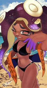 Rule 34 | 1girl, beach, bikini, black bikini, breasts, cleavage, colored fingertips, commentary request, dark-skinned female, dark skin, day, isamu-ki (yuuki), looking at viewer, marina (splatoon), medium breasts, nintendo, outdoors, parted lips, solo, splatoon (series), splatoon 3, swimsuit, tentacle hair