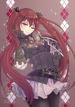 1girl absurdres artist_name belt black_pantyhose brown_gloves closed_mouth commentary_request eyelashes fire_emblem fire_emblem_fates gambeson gloves hair_between_eyes hand_on_own_hip highres looking_at_viewer nekoyashiki_08 nintendo one_eye_closed pantyhose red_eyes red_pupils selena_(fire_emblem_fates) skirt solo sparkle standing twitter_username watermark white_skirt