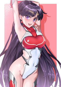 1girl :d absurdres arched_back arion_canvas armored_leotard armpits arms_up bishoujo_senshi_sailor_moon black_hair circlet covered_navel cowboy_shot earrings gloves highleg highleg_leotard highres hino_rei jewelry leotard long_hair looking_at_viewer open_mouth purple_eyes red_gloves red_lips sailor_mars smile solo standing star_(symbol) star_earrings taimanin_(series) taimanin_suit thigh_gap very_long_hair white_leotard