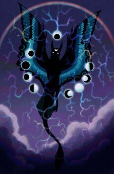 blue_wings cloud commentary crescent crescent_ornament dragon electricity english_commentary flying highres jejejunum lightning magic monster monster_focus moon moon_phases nethermare original purple_clouds purple_sky rainbow sky solo spread_wings tail traditional_harpy whisper_(jejejunum) wings