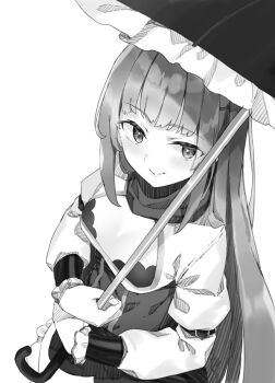 Rule 34 | 1girl, absurdres, cleavage cutout, closed mouth, clothing cutout, commentary request, from above, greyscale, highres, holding, holding umbrella, long hair, long sleeves, monochrome, rit (shin no nakama), scarf, second-party source, shin no nakama janai to yuusha no party wo oidasareta no de henkyou de slow life suru koto ni shimashita, simple background, smile, solo, umbrella, upper body, white background, yasumo (kuusouorbital)