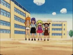 1984_(year) :o angry animated anime_screenshot ass bird blush bottomless brown_hair butt_crack chicken clothed_female_nude_male clothes_pull covering_crotch covering_face covering_privates embarrassed feathers ganmo green_hair gu_gu_ganmo hook jumping legs loli lying multiple_boys multiple_girls nude outdoors pink_feathers purple_hair running screaming shirt shoes shorts shorts_pull shota skirt smile sneakers socks sound tagme tsukuda_hanpeita underwear_pull video yellow_shirt