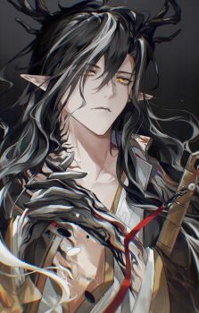 1boy absurdres arknights bishounen black_background black_hair black_jacket chest_tattoo chinese_commentary closed_mouth collarbone dragon_boy dragon_horns eastern_dragon_horns eyelashes hair_between_eyes hand_tattoo highres holding holding_sword holding_weapon horns interlocked_fingers jacket long_hair looking_at_viewer male_focus multicolored_hair neck_tattoo nidexintu open_clothes own_hands_together pointy_ears shirt simple_background slit_pupils solo streaked_hair sword tattoo two-tone_hair upper_body wang_(arknights) weapon white_hair white_shirt yellow_eyes