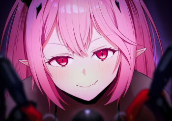 1girl ball_gag black_gloves blurry blurry_foreground bodystocking bondage_outfit breasts commentary_request dominatrix fang gag gloves katsuten krul_tepes long_hair looking_at_viewer owari_no_seraph pink_hair pointy_ears pov red_eyes shiny_clothes slit_pupils small_breasts smile solo two_side_up