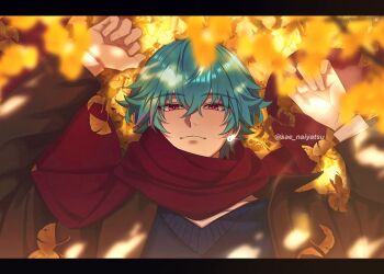 Rule 34 | 1boy, blue hair, blue shirt, brant (wuthering waves), brown jacket, closed mouth, commentary, commentary request, earrings, english commentary, hair between eyes, hands up, highres, jacket, jewelry, letterboxed, male focus, multicolored hair, partial commentary, pink eyes, portrait, red scarf, sae naiyatsu, scarf, shirt, short hair, smile, solo, streaked hair, twitter username, wuthering waves