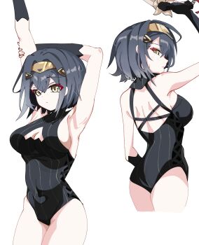 1girl amber_(stella_sora) back black_gloves black_hair black_leotard breasts cleavage commentary cowboy_shot expressionless gloves gun hairband highres holding holding_gun holding_weapon leotard looking_at_viewer multiple_views ris_guumy sideboob sidelocks simple_background stella_sora stretching weapon white_background yellow_eyes