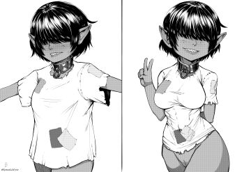 1girl absurdres arm_behind_back bad_id bad_pixiv_id baggy_clothes bdsm breasts collar commentary covered_eyes english_commentary facing_viewer female_goblin freckles goblin goblin_girl_(speedl00ver) greyscale grin hair_over_eyes highres large_breasts loose_clothes meme monochrome multiple_views naked_shirt no_panties original pajamas_challenge_(meme) patchwork_clothes pointy_ears pulling_own_clothes pussy sharp_teeth shirt short_hair shortstack slave smile speedl00ver t-shirt taut_clothes taut_shirt teeth tight_clothes tight_shirt uncensored v
