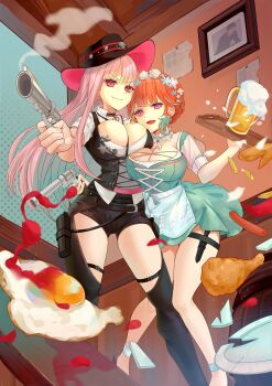 2girls absurdres apron aqua_apron arm_around_waist artevorona black_choker black_headwear black_shorts blue_apron blue_bow blue_flower bodice boots bow braid breast_press breasts chaps choker cleavage collarbone collared_shirt couple cowboy cowboy_boots cowboy_hat cowboy_western cowgirl_(western) cross-laced_clothes cross-laced_dress crown_braid dirndl dress earrings feather_earrings feathers flower german_clothes gradient_hair green_dress gun hair_flower hair_ornament hand_on_another&#039;s_hip hand_on_another&#039;s_waist handgun hat hat_ornament highres hololive hololive_english hug jewelry large_breasts long_hair looking_at_viewer low-cut medium_dress mori_calliope mori_calliope_(sheriff) multicolored_hair multiple_girls official_alternate_costume open_mouth orange_hair pinafore_dress pink_flower pink_hair purple_eyes red_eyes revolver scoop_neck see-through_clothes see-through_sleeves sheriff sheriff_badge shirt short_sleeves shorts side-by-side skull_choker skull_hat_ornament skull_ornament sleeveless sleeveless_dress smile square_neckline takanashi_kiara takanashi_kiara_(dirndl) virtual_youtuber waist_apron weapon western white_flower white_shirt wrist_flower yagoo yuri