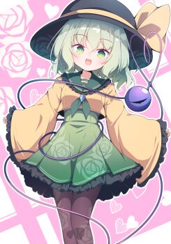 Rule 34 | 1girl, absurdres, black hat, black pantyhose, blush, commentary request, cropped shirt, darumoon, floral print, floral print pantyhose, floral print skirt, frilled sleeves, frills, green eyes, green hair, green necktie, green sailor collar, green shirt, green skirt, hair over shoulder, hands up, hat, heart, high-waist skirt, highres, komeiji koishi, looking at viewer, necktie, open mouth, pantyhose, print pantyhose, print skirt, sailor collar, shirt, short hair, skirt, sleeves past wrists, smile, solo, third eye, touhou, wide brim, wide sleeves