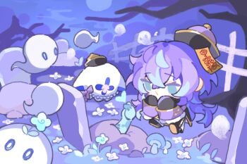 Rule 34 | 1boy, :o, bare tree, black hat, black pants, black shirt, blue hair, chibi, commentary, fence, finger heart, flower, flower on head, full moon, ghost, grave, green eyes, halloween, hat, highres, hoshirube sho, jiangshi costume, long hair, male focus, moon, multicolored hair, mushroom, night, nijisanji, ofuda, otomo (hoshirube sho), outdoors, outstretched arms, pants, purple hair, purple sky, qingdai guanmao, shirt, shuxingbuming moxiaobai, sky, solo, streaked hair, tree, virtual youtuber, white flower, zombie, zombie pose