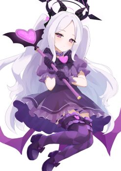 1girl absurdres black_bow black_halo blue_archive blush bow choker closed_mouth commentary demon_girl demon_horns demon_wings double-parted_bangs gloves halo highres hina_(blue_archive) holding holding_staff horns long_hair looking_at_viewer magical_girl purple_choker purple_eyes purple_gloves purple_shirt purple_shoes purple_skirt purple_thighhighs shirt shoes short_sleeves sidelocks simple_background skirt solo staff teritama_(teritama_house) thighhighs two_side_up white_background wings zettai_ryouiki