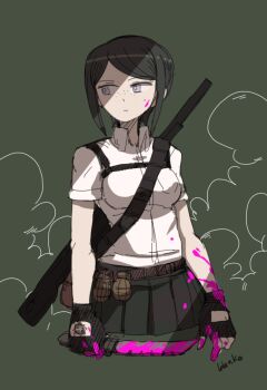 1girl artist_name belt black_gloves black_hair black_skirt blanko! blood blood_on_clothes blood_on_face blood_on_hands bloody_knife bloody_weapon breasts chest_strap collared_shirt danganronpa:_trigger_happy_havoc danganronpa_(series) explosive eyebrows female_focus fingerless_gloves freckles gloves green_background grenade grey_eyes gun gun_on_back hand_tattoo holding holding_knife holding_weapon ikusaba_mukuro knife long_hair medium_breasts pleated_skirt shirt short_sleeves signature simple_background sketch skirt solo straps_across_chest tattoo upper_body weapon weapon_on_back white_shirt