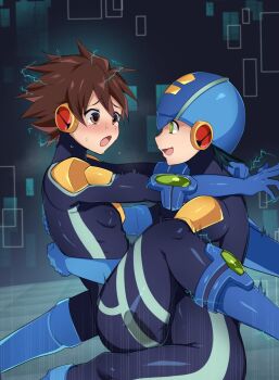 anal blush bodysuit helmet lan_hikari_(mega_man) mega_man_(series) mega_man_battle_network megaman.exe sex skin_tight yaoi