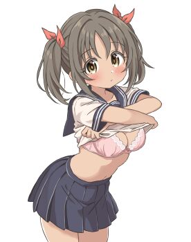 1girl absurdres blue_sailor_collar blue_skirt blush bow bra breasts brown_eyes cleavage clothes_lift collarbone commentary_request cowboy_shot from_side grey_hair hair_between_eyes hair_bow highres idolmaster idolmaster_cinderella_girls imai_kana lifting_own_clothes looking_at_viewer medium_breasts medium_hair navel ohana._(komachi) pink_bra pleated_skirt pout red_bow sailor_collar school_uniform serafuku shirt shirt_lift short_sleeves short_twintails sidelocks simple_background skirt solo stomach turning_head twintails underwear white_background white_shirt