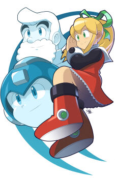 1girl 2boys android beard black_sleeves blonde_hair blue_eyes boots capelet commentary creative_signature dr._light_(mega_man) dress english_commentary facial_hair full_beard green_eyes green_ribbon hair_ribbon hand_on_own_face helmet highres joints knee_boots light_blush light_smile long_hair long_sleeves looking_to_the_side mega_man_(character) mega_man_(classic) mega_man_(series) multiple_boys petticoat ponytail red_boots red_dress ribbon robot_joints roll_(mega_man) short_dress sidelocks signature smile staticblu turtleneck white_beard white_capelet white_hair white_helmet