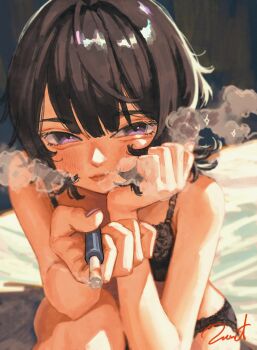 Rule 34 | 1girl, absurdres, bags under eyes, black bra, black hair, black panties, blush, bra, cigarette, cigarette holder, head rest, highres, holding, holding cigarette, lips, lipstick, lipstick mark, looking at viewer, makeup, on bed, original, panties, purple eyes, purple nails, signature, sitting, smoke, smoking, solo, tsurime, underwear, yoshizawa takuma