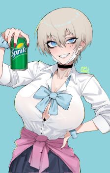 1girl aqua_background artist_name black_choker black_eyeshadow blonde_hair blue_bow blue_bowtie blue_eyes blush bow bowtie bracelet breasts can choker cleavage clothes_around_waist collarbone collared_shirt commentary corrupted_twitter_file cowboy_shot cross cross_earrings drink_can ear_piercing earclip earrings eyeshadow grey_skirt hair_between_eyes hand_on_own_hip hand_up highres holding holding_can jewelry large_breasts lips looking_at_viewer makeup mask mask_pull mole mole_on_breast mole_under_eye mouth_mask multiple_moles nail_polish oomartm original piercing pleated_skirt red_nails shirt short_hair simple_background skirt smile soda_can solo sprite_(drink) teeth white_mask white_shirt