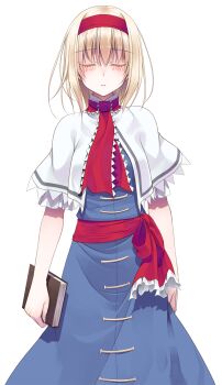 Rule 34 | 1girl, alice margatroid, arms at sides, blonde hair, blue dress, blush, book, capelet, closed eyes, closed mouth, commentary request, cowboy shot, crote, dress, facing viewer, fingernails, furrowed brow, hairband, highres, holding, holding book, jewelry, large variant set, neckerchief, red hairband, red neckerchief, red sash, sash, short hair, solo, standing, tachi-e, touhou, transparent background, u u, variant set, white capelet