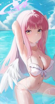 1girl absurdres angel_wings armpits arms_up bare_arms bare_legs bare_shoulders beach bikini blue_archive blue_sky blush breasts choker cleavage closed_mouth collarbone commentary_request feathered_wings feet frilled_bikini frills halo highres large_breasts long_hair looking_at_viewer low_wings mika_(blue_archive) mika_(swimsuit)_(blue_archive) n8_(buse1601) navel official_alternate_costume pink_halo sky solo stomach swimsuit very_long_hair wet white_bikini white_choker white_wings wings yellow_eyes